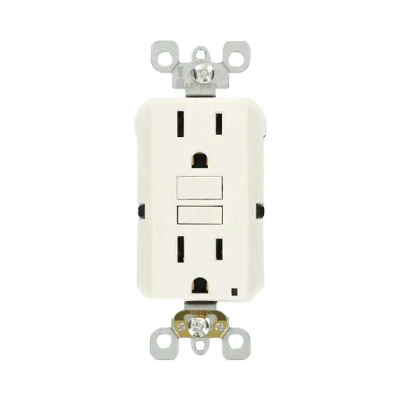 The Go Build 15 Amp Self-Test SmartlockPro Slim Duplex GFCI Outlet in white offers enhanced safety, with two sockets and central buttons, and is ideal for wall installation.